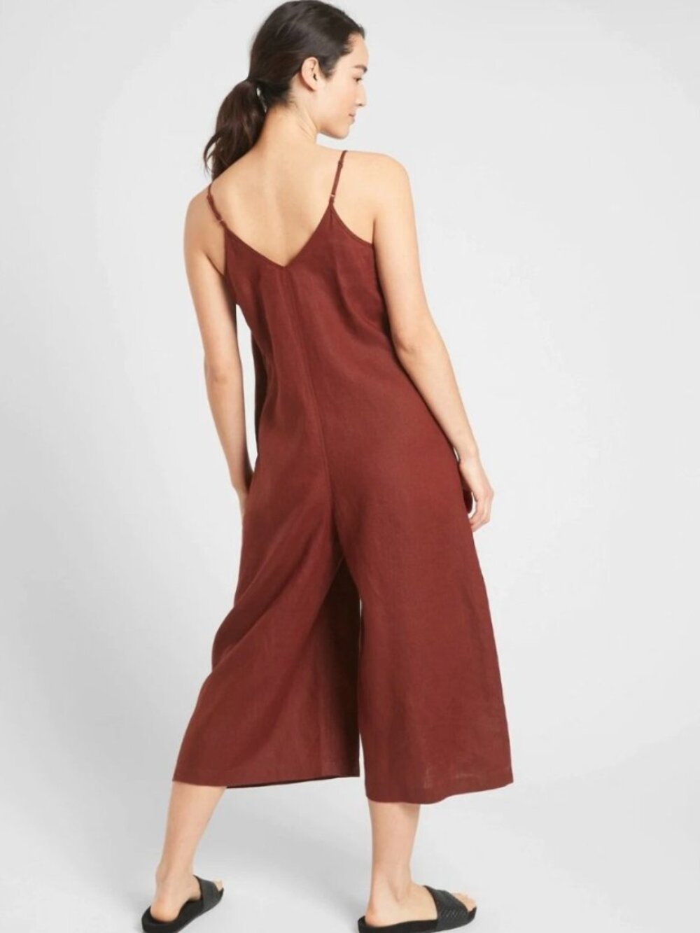 Athleta Cinnamon La Paz Wide Leg Linen Romper- Pockets- Adjustable Strap- 8 - Picture 2 of 13